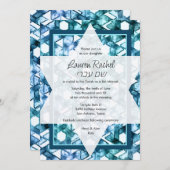 Bat Mitzvah Star van David Blue Damask Kaart (Voorkant / Achterkant)