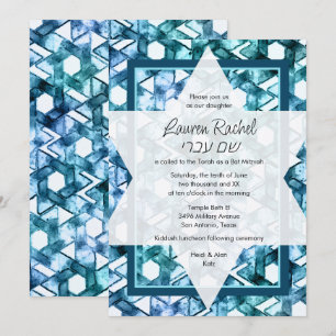 Bat Mitzvah Star van David Blue Damask Kaart