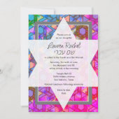 Bat Mitzvah Star van David Blue en Pink Damask Kaart (Voorkant)