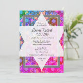 Bat Mitzvah Star van David Blue en Pink Damask Kaart (Staand voorkant)
