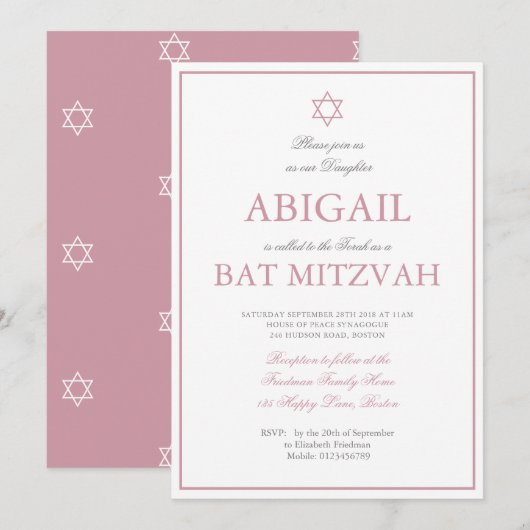 Bat Mitzvah Star van David Pink Hebrew Jewish Kaart (Voorkant / Achterkant)