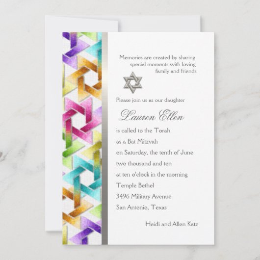 Bat Mitzvah Star van David Rainbow Damask Kaart (Achterkant)