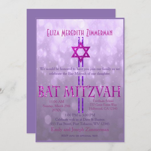 Bat Mitzvah | Ster van David | PAARS Kaart (Voorkant / Achterkant)