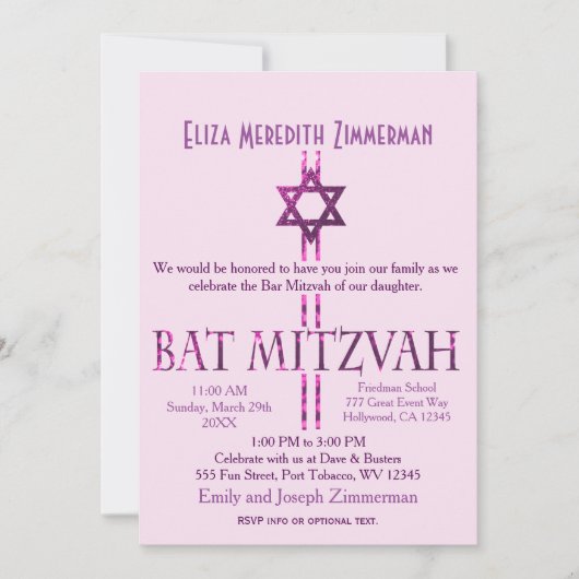Bat Mitzvah | Ster van David | Roze Kaart (Voorkant)