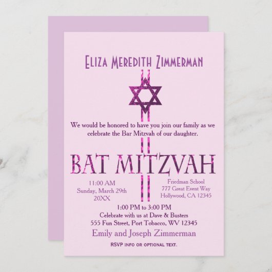 Bat Mitzvah | Ster van David | Roze Kaart (Voorkant / Achterkant)