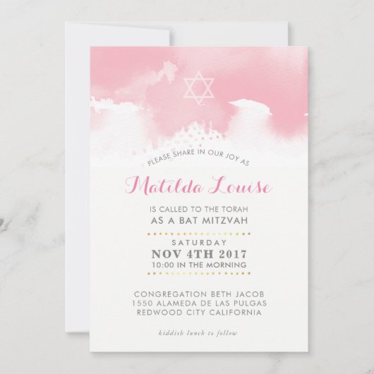 BAT MITZVAH stijlvolle bleke roze waterverf uitnod Kaart (Voorkant)