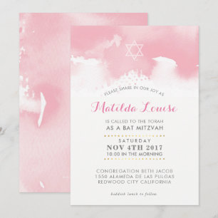 BAT MITZVAH stijlvolle bleke roze waterverf uitnod Kaart