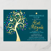 Bat Mitzvah Teal Boom des Levens Schrift Echte Gou Folie Uitnodiging (Voorkant)