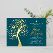 Bat Mitzvah Teal Boom des Levens Schrift Echte Gou Folie Uitnodiging (Staand Voorkant)