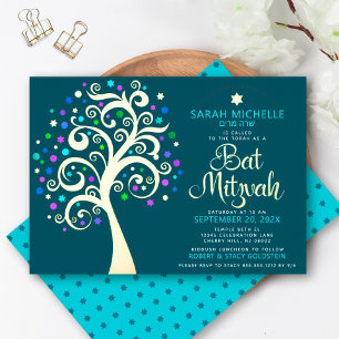 Bat Mitzvah Teal Boom des Levens Schrift Echte Gou Folie Uitnodiging