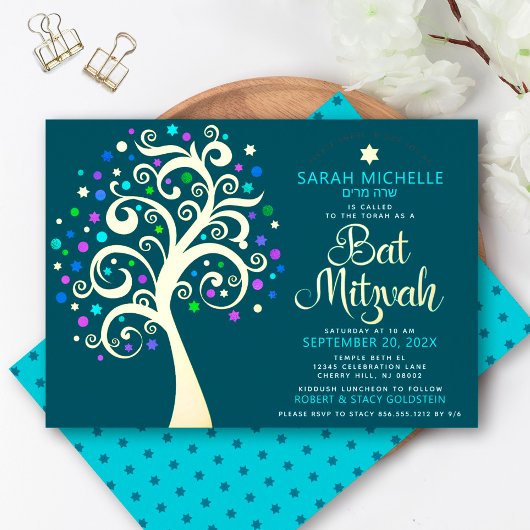 Bat Mitzvah Teal Boom des Levens Schrift Echte Gou Folie Uitnodiging