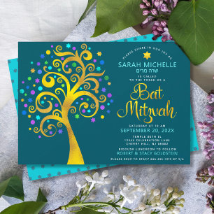 Bat Mitzvah Teal Goud Folie Script Boom des Levens Kaart