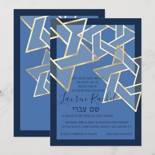 Bat Mitzvah Transparant Gouden Ster van David Kaart (Voorkant / Achterkant)
