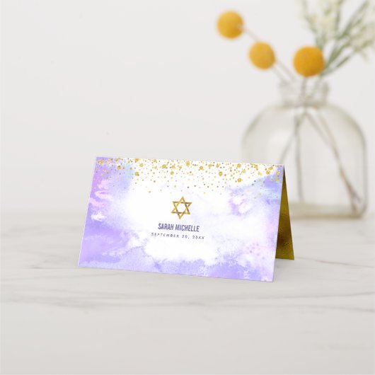 Bat Mitzvah Trendy Gold Stippen op Paarse Waterver Plaatskaartje (Achterkant)