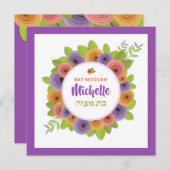 Bat Mitzvah Trendy Modern Floral Square Invitation Kaart (Voorkant / Achterkant)