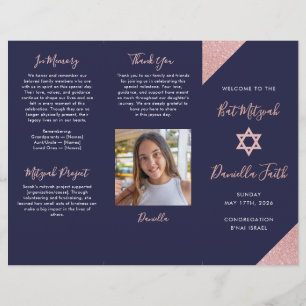 Bat Mitzvah Tri-Fold Programma Navy Rose Goud Flyer