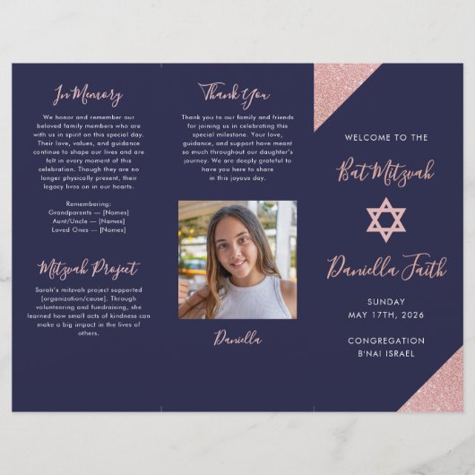 Bat Mitzvah Tri-Fold Programma Navy Rose Goud Flyer (Voorkant)