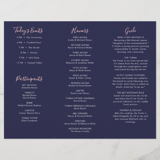 Bat Mitzvah Tri-Fold Programma Navy Rose Goud Flyer (Achterkant)