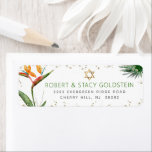 Bat Mitzvah Tropical Gold Palm Waterverf Adres Etiket<br><div class="desc">Wees trots, verheug je en vier deze mijlpaal van je favoriete Bat Mitzvah met dit verfijnde, gepersonaliseerde retour adreslabel! Stijlvolle, prachtige, kleurrijke, waterverf paradijsvogeltjes, faux gold Star of David en glitter stippen en groene en grijze moderne sans serif type overlay een witte achtergrond. Personaliseer de aangepaste tekst met jouw naam...</div>