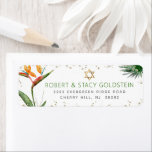 Bat Mitzvah Tropical Gold Palm Waterverf Adres Etiket<br><div class="desc">Wees trots, verheug je en vier deze mijlpaal van je favoriete Bat Mitzvah met dit verfijnde, gepersonaliseerde retour adreslabel! Stijlvolle, prachtige, kleurrijke, waterverf paradijsvogeltjes, faux gold Star of David en glitter stippen en groene en grijze moderne sans serif type overlay een witte achtergrond. Personaliseer de aangepaste tekst met jouw naam...</div>
