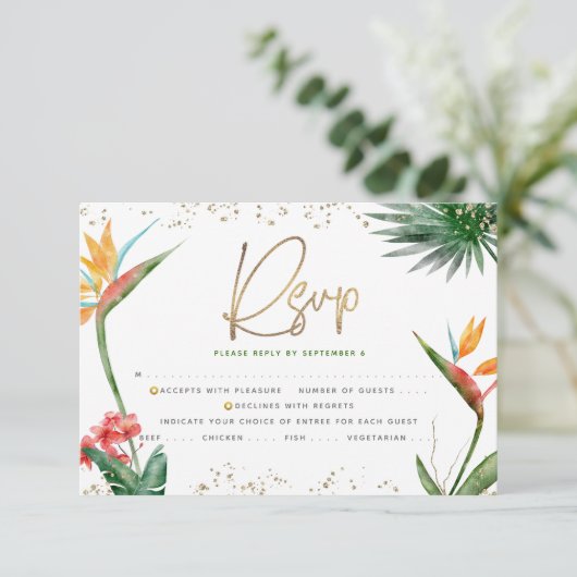 Bat Mitzvah Tropical Gold Script Palm Waterverf RSVP Kaartje (Staand voorkant)