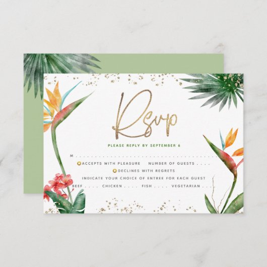 Bat Mitzvah Tropical Gold Script Palm Waterverf RSVP Kaartje (Voorkant / Achterkant)