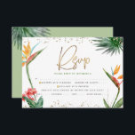 Bat Mitzvah Tropical Gold Script Palm Waterverf RSVP Kaartje<br><div class="desc">Wees trots, verheug je en vier deze mijlpaal van je favoriete Bat Mitzvah met deze verfijnde, gepersonaliseerde RSVP-insteekkaart voor je evenement! Stijlvolle, prachtige, kleurrijke, tropische waterverf paradijsbloemen, faux gouden handgeschreven schrift, davidster en glitter stippen, samen met groen en grijs modern sans serif type, bedekken een witte achtergrond. Extra waterverf palmbladeren...</div>