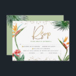 Bat Mitzvah Tropical Gold Script Palm Waterverf RSVP Kaartje<br><div class="desc">Wees trots, verheug je en vier deze mijlpaal van je favoriete Bat Mitzvah met deze verfijnde, gepersonaliseerde RSVP-insteekkaart voor je evenement! Stijlvolle, prachtige, kleurrijke, tropische waterverf paradijsbloemen, faux gouden handgeschreven schrift, davidster en glitter stippen, samen met groen en grijs modern sans serif type, bedekken een witte achtergrond. Extra waterverf palmbladeren...</div>