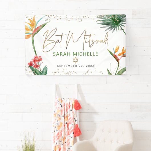 Bat Mitzvah Tropical Palm Leaf Gold Script Welkom Spandoek (Insitu)