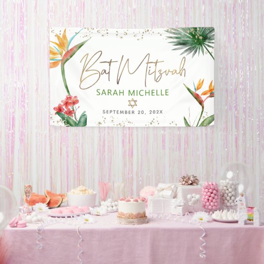 Bat Mitzvah Tropical Palm Leaf Gold Script Welkom Spandoek (Feest)