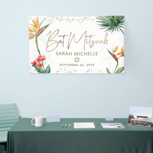 Bat Mitzvah Tropical Palm Leaf Gold Script Welkom Spandoek (Beurs)