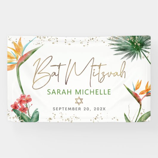 Bat Mitzvah Tropical Palm Leaf Gold Script Welkom Spandoek (Horizontaal)