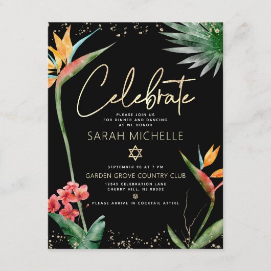 Bat Mitzvah Tropical Zwart Goud Bloemen Waterverf Informatiekaartje (Voorkant)