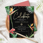 Bat Mitzvah Tropical Zwart Goud Bloemen Waterverf Informatiekaartje<br><div class="desc">Wees trots, verheug je en laat deze mijlpaal van je favoriete Bat Mitzvah zien! Voeg deze moderne, geavanceerde, gepersonaliseerde insert toe voor extra informatie voor uw evenement. Stijlvolle, prachtige, kleurrijke, waterverf paradijsbloemenvogels, faux gold handgeschreven script, Star of David en glitter stippen, samen met modern sans serif type, overlay een dramatische,...</div>