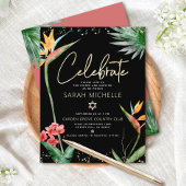 Bat Mitzvah Tropical Zwart Goud Bloemen Waterverf Informatiekaartje