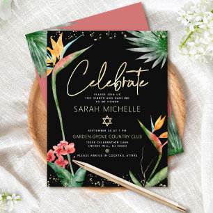 Bat Mitzvah Tropical Zwart Goud Bloemen Waterverf Informatiekaartje