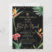 Bat Mitzvah Tropical Zwart Goud Bloemen Waterverf Kaart (Voorkant)
