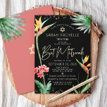 Bat Mitzvah Tropical Zwart Goud Bloemen Waterverf Kaart<br><div class="desc">Wees trots, verheug je en laat deze mijlpaal van je favoriete Bat Mitzvah zien met deze verfijnde, gepersonaliseerde uitnodiging! Stijlvolle, prachtige, kleurrijke, waterverf paradijsbloemenvogels, faux gold handgeschreven script, Star of David en glitter stippen, samen met modern sans serif type, overlay een dramatische, zwarte achtergrond. Extra waterverf palmbladeren en een gouden...</div>