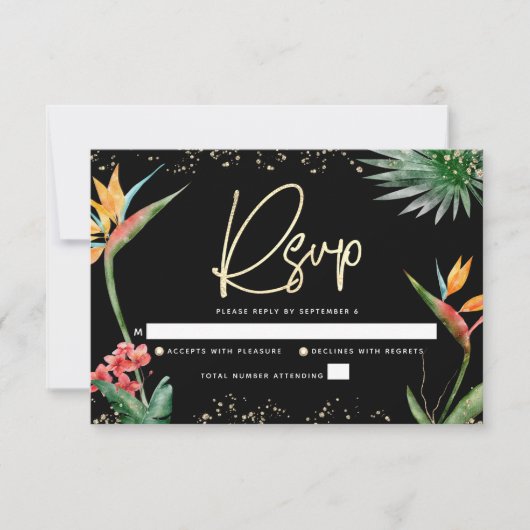 Bat Mitzvah Tropical Zwart Goud Palm Waterverf RSVP Kaartje (Voorkant)