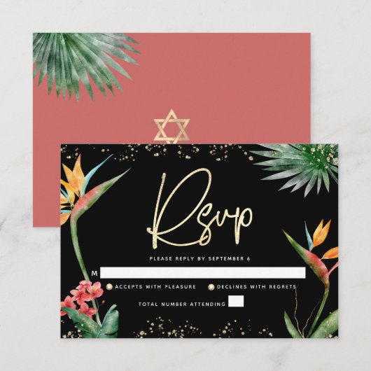 Bat Mitzvah Tropical Zwart Goud Palm Waterverf RSVP Kaartje (Voorkant / Achterkant)