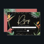 Bat Mitzvah Tropical Zwart Goud Palm Waterverf RSVP Kaartje<br><div class="desc">Wees trots, verheug je en vier deze mijlpaal van je favoriete Bat Mitzvah met deze verfijnde, gepersonaliseerde RSVP-insteekkaart voor je evenement! Stijlvolle, prachtige, kleurrijke, waterverf paradijsbloemenvogels, faux gold handgeschreven script, Star of David en glitter stippen, samen met modern sans serif type, overlay een dramatische, zwarte achtergrond. Extra waterverf palmbladeren en...</div>