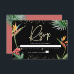 Bat Mitzvah Tropical Zwart Goud Palm Waterverf RSVP Kaartje<br><div class="desc">Wees trots, verheug je en vier deze mijlpaal van je favoriete Bat Mitzvah met deze verfijnde, gepersonaliseerde RSVP-insteekkaart voor je evenement! Stijlvolle, prachtige, kleurrijke, waterverf paradijsbloemenvogels, faux gold handgeschreven script, Star of David en glitter stippen, samen met modern sans serif type, overlay een dramatische, zwarte achtergrond. Extra waterverf palmbladeren en...</div>