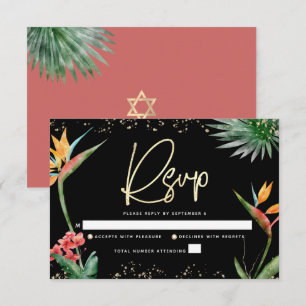 Bat Mitzvah Tropical Zwart Goud Palm Waterverf RSVP Kaartje