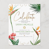Bat Mitzvah Tropisch Goud Script Bloemen Waterverf Informatiekaartje (Voorkant)
