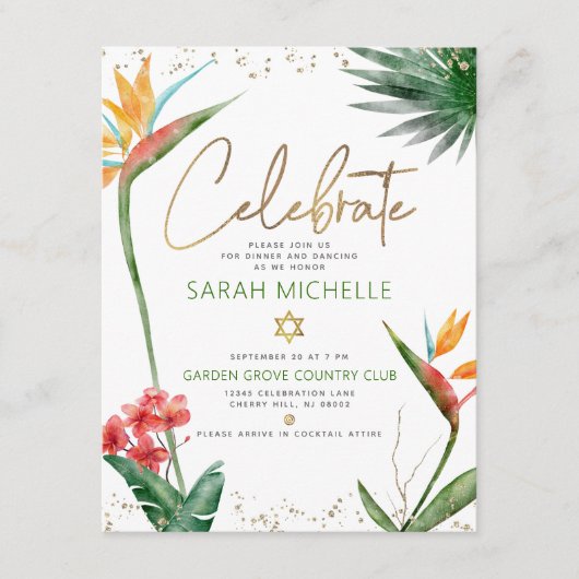 Bat Mitzvah Tropisch Goud Script Bloemen Waterverf Informatiekaartje (Voorkant)