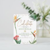 Bat Mitzvah Tropisch Goud Script Bloemen Waterverf Informatiekaartje (Staand voorkant)