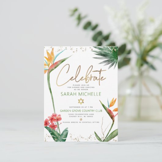 Bat Mitzvah Tropisch Goud Script Bloemen Waterverf Informatiekaartje (Staand voorkant)