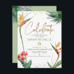 Bat Mitzvah Tropisch Goud Script Bloemen Waterverf Informatiekaartje<br><div class="desc">Wees trots, verheug je en laat deze mijlpaal van je favoriete Bat Mitzvah zien! Voeg dit moderne, sprankelende, gepersonaliseerde tussenvoegsel toe voor extra informatie aan uw gebeurtenis. Stijlvolle, prachtige, kleurrijke, tropische waterverf paradijsbloemen, faux gouden handgeschreven schrift, davidster en glitter stippen, samen met groen en grijs modern sans serif type, bedekken...</div>