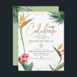 Bat Mitzvah Tropisch Goud Script Bloemen Waterverf Informatiekaartje<br><div class="desc">Wees trots, verheug je en laat deze mijlpaal van je favoriete Bat Mitzvah zien! Voeg dit moderne, sprankelende, gepersonaliseerde tussenvoegsel toe voor extra informatie aan uw gebeurtenis. Stijlvolle, prachtige, kleurrijke, tropische waterverf paradijsbloemen, faux gouden handgeschreven schrift, davidster en glitter stippen, samen met groen en grijs modern sans serif type, bedekken...</div>