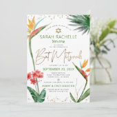 Bat Mitzvah Tropisch Goud Script Bloemen Waterverf Kaart (Staand voorkant)